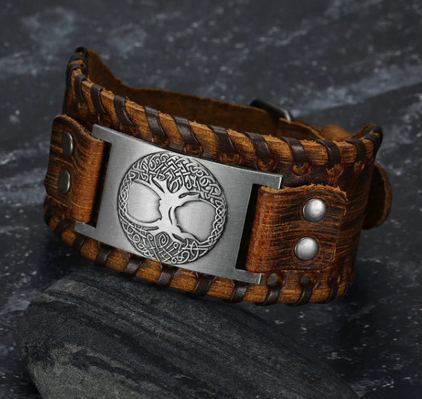 Leather Buckle Arm Cuff with Metal Celtic Tree of Life Design