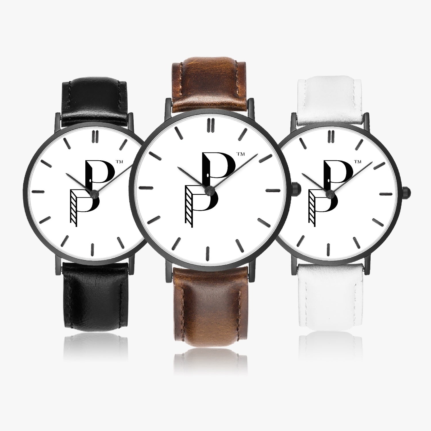 Posh Poverty Hot Selling Ultra-Thin Leather Strap Quartz Watch (Black With Indicators)