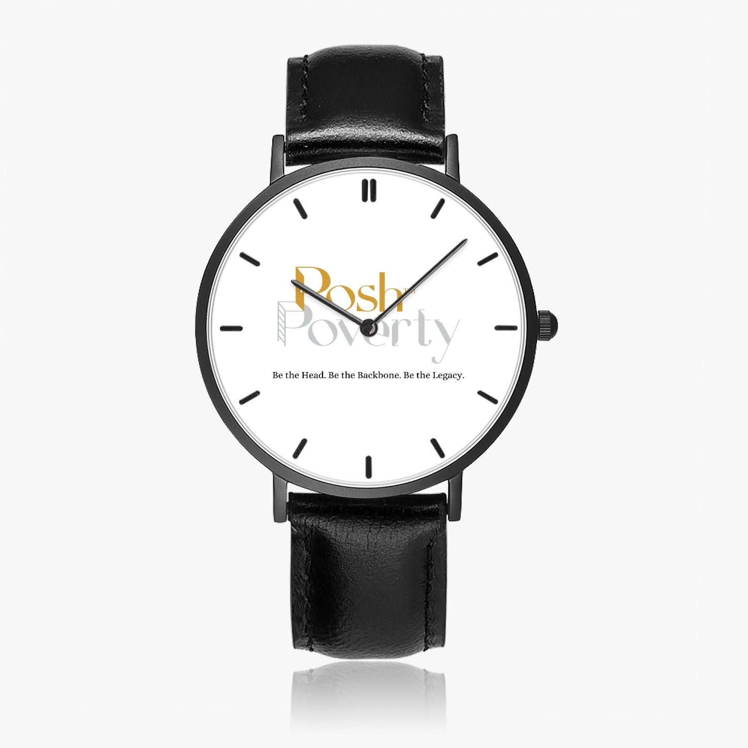 Posh Poverty Hot Selling Ultra-Thin Leather Strap Quartz Watch (Black With Indicators)