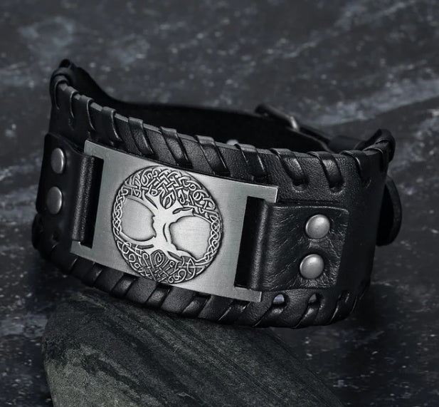 Leather Buckle Arm Cuff with Metal Celtic Tree of Life Design