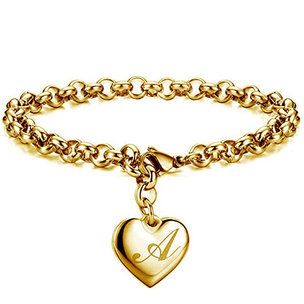 Gold Stainless Steel Heart Charm Initial Bracelet